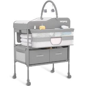 Baby Changing Table, Versatile Folding Changing Table, Waterproof Diaper Changing Station, Adjustable Height with 2 Drawers,Baby Changing Station, Mobile Nursery for Infant and Newborn