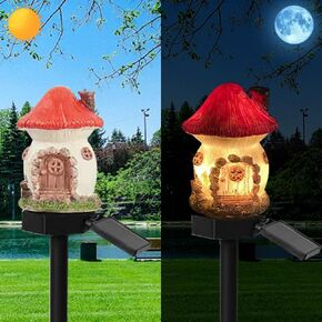Solar Powered Red Mushroom House Lamp, Garden Decoration Resin Cute Mushroom House Floor Lamp， Wireless Dusk to Dawn LED Sconce Lights Waterproof.