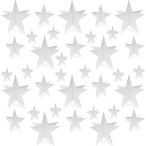 Silver Star Centerces - Decorations 3D Star Decorations في 3 أحجام - ليلة الفيلم ، ليلة الجوائز ، عيد الميلاد ، لوازم حفلة عيد الميلاد (مجموعة من 35)