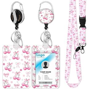 Pink Bows Lanyard مع حامل الهوية ، حامل شارة الهوية مع حبل قابلة للإزالة ، حبل وردي لشارات الهوية مع مقطع بكرة قابلة للسحب ، حامل بطاقة هوية القوس مع حبل للمعلم ممرضة الطالب