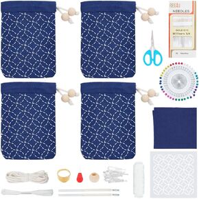 FreeBloss 4 Set Sashiko Coin Purse Kit Diy Sashiko Making Kit مع Stency Beyengle Stency يجب أن تكون مجموعة مواد سهلة الاستخدام إنشاء حقيبة مخصصة خاصة بك
