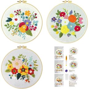 51buyoutgo 3 Pack Flower Embroidery Starter Kit, Floral Beginning Easy Funny at Home Hand Embroidery Pattern Kits Set for Beginners Adults, Stamped Counted Cross Stitch Crossstitch, DIY Needlepoint