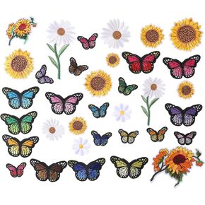 35 Pieces Flower Iron on Patches Assorted Sizes Embroidered Sunflowers Daisy Butterfly Patches Applique Decoration Sewing Cute Vintage Patch for Cloting Bags Caps Jeans Jackets Hat Jean