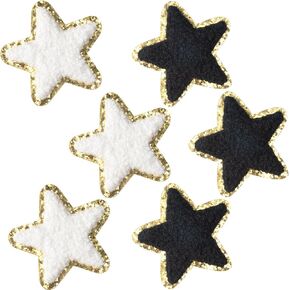 بقع نجم Chenille 6pcs ، تصحيح النجمة النجمة التي لاصقة ، الحواف الذهبية ، 2.36 بوصة ، تصحيح إصلاح ، قبعات ، معاطف - أسود ، أبيض