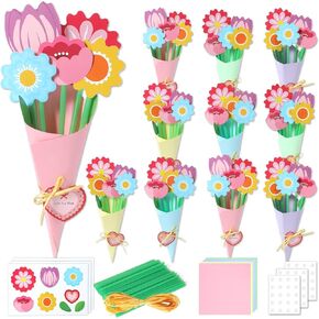QOUBAI Mother's Day Flower Bouquet Craft Kits 24 Sets Make Your Own Large Floral Paper Card Making Kit for Kids Classroom DIY Gift Teacher Appreciation Week Mom Birthday School Home Fun Activity