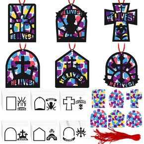 30 تعيين مجموعة حرفة عيد الفصح الدينية يسوع ويعيش عبر الحرف اليدوية القيامة Suncatchers المسيحية DIY عيد الفصح الحلي معلقة لكنيسة مدرسة الأحد VBS أنشطة نافذة الفنون ديكور