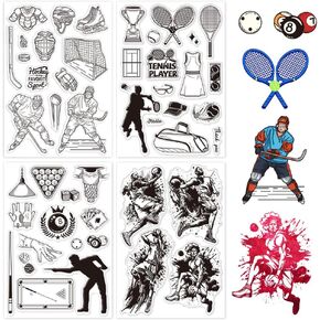 GLOBLELAND 4 Sheets Hockey Clear Stamps for Card Making Tennis Billiards Basketball Silicone Clear Stamp Seals Sports Transparent Stamps for DIY Scrapbooking Journals Decorative Photo Album