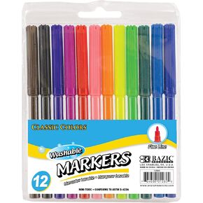 BAZIC Washable Markers Fine Line 12 Color, Thin Tip Coloring Marker, Non Toxic Marcadorc Art School Supplies, Drawing Gift (12/Pack), 1-Pack