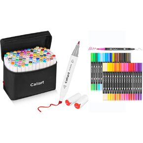 Caliart 100 Colors Alcohol Based Markers, 34 Double Tip Brush Pens Art Markers, Drawing Pens Permanent Markers Mothers Day Gift for Mom Kids Artist Adult Cards Drawing