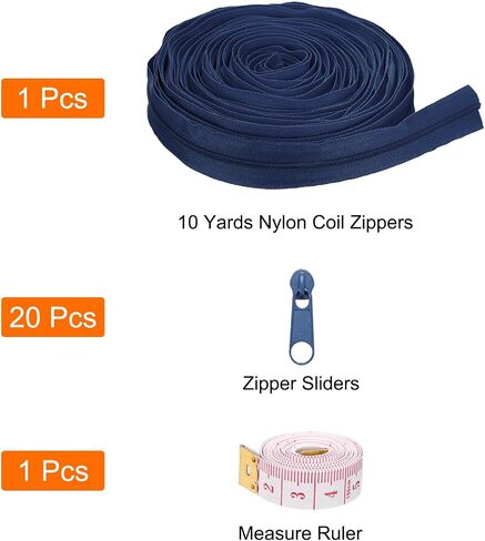 uxcell #3 10 Yards Nylon Coil Zippers, Bulk Coil Zipper by The Yards with 20 Pcs Zippers Sliders and Ruler for DIY Tailor Sewing Craft Bag Clothes, Navy Blue in Saudi Arabia