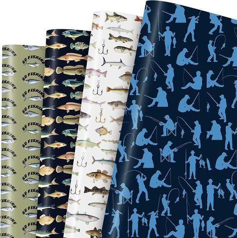 Fishing Wrapping Paper 12 Sheets Fish Gift Wrap for Men Angler,Fishing Hook Design Gift Packing Paper for Party,Birthday 20"×28" in Saudi Arabia
