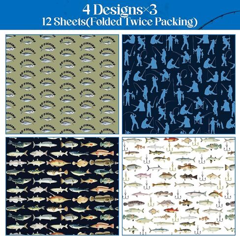 Fishing Wrapping Paper 12 Sheets Fish Gift Wrap for Men Angler,Fishing Hook Design Gift Packing Paper for Party,Birthday 20"×28" in Saudi Arabia