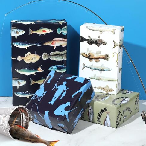 Fishing Wrapping Paper 12 Sheets Fish Gift Wrap for Men Angler,Fishing Hook Design Gift Packing Paper for Party,Birthday 20"×28" in Saudi Arabia