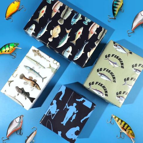 Fishing Wrapping Paper 12 Sheets Fish Gift Wrap for Men Angler,Fishing Hook Design Gift Packing Paper for Party,Birthday 20"×28" in Saudi Arabia