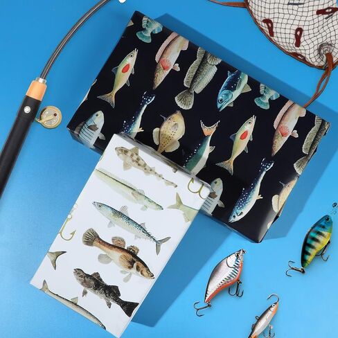 Fishing Wrapping Paper 12 Sheets Fish Gift Wrap for Men Angler,Fishing Hook Design Gift Packing Paper for Party,Birthday 20"×28" in Saudi Arabia