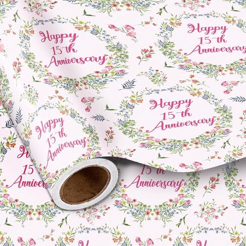 LeZakaa Anniversary Floral Wrapping Paper Roll, Happy 50th Anniversary, Pink Floral Wreath Gift Wrap for Wedding, Bridal Shower, Anniversary, Valentines Day, Party, Mini Roll, 17 inches x 16.4 Feet in Kuwait