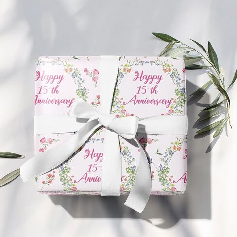 LeZakaa Anniversary Floral Wrapping Paper Roll, Happy 50th Anniversary, Pink Floral Wreath Gift Wrap for Wedding, Bridal Shower, Anniversary, Valentines Day, Party, Mini Roll, 17 inches x 16.4 Feet in Kuwait