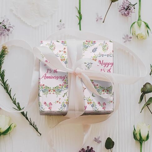 LeZakaa Anniversary Floral Wrapping Paper Roll, Happy 50th Anniversary, Pink Floral Wreath Gift Wrap for Wedding, Bridal Shower, Anniversary, Valentines Day, Party, Mini Roll, 17 inches x 16.4 Feet in Kuwait