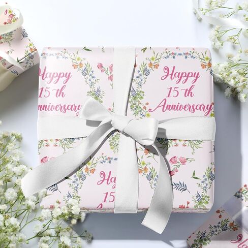 LeZakaa Anniversary Floral Wrapping Paper Roll, Happy 50th Anniversary, Pink Floral Wreath Gift Wrap for Wedding, Bridal Shower, Anniversary, Valentines Day, Party, Mini Roll, 17 inches x 16.4 Feet in Kuwait