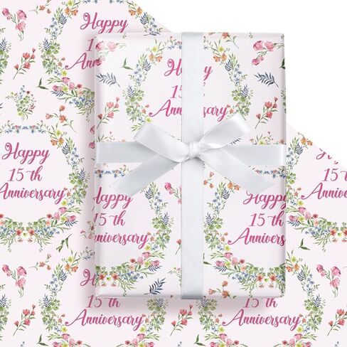 LeZakaa Anniversary Floral Wrapping Paper Roll, Happy 50th Anniversary, Pink Floral Wreath Gift Wrap for Wedding, Bridal Shower, Anniversary, Valentines Day, Party, Mini Roll, 17 inches x 16.4 Feet in Kuwait