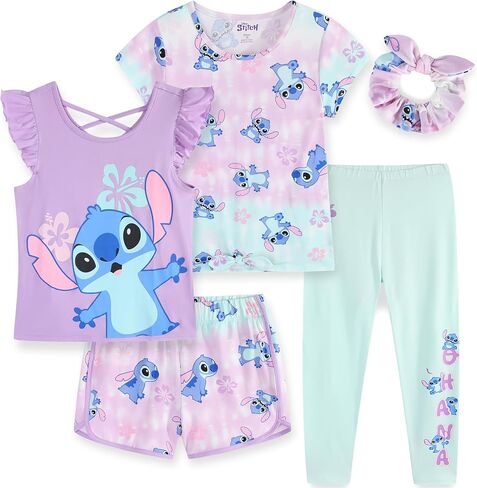 Disney Minnie and Mickey Girls Tank Top, T-Shirt, Short, Legging and Scrunchie Set for Toddler and Little Kids in Saudi Arabia