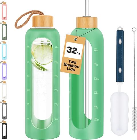 Glass Water Bottles 32 oz - Motivational Drinking Glass Water Bottle with Silicone Sleeve, Straw & 2 Bamboo Lids - 1 Liter Clear Borosilicate Wide Mouth Daily Intake Waterbottle with Time Marker in Saudi Arabia