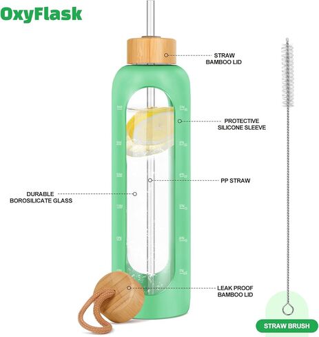 Glass Water Bottles 32 oz - Motivational Drinking Glass Water Bottle with Silicone Sleeve, Straw & 2 Bamboo Lids - 1 Liter Clear Borosilicate Wide Mouth Daily Intake Waterbottle with Time Marker in Saudi Arabia