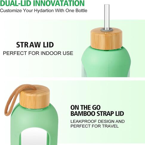Glass Water Bottles 32 oz - Motivational Drinking Glass Water Bottle with Silicone Sleeve, Straw & 2 Bamboo Lids - 1 Liter Clear Borosilicate Wide Mouth Daily Intake Waterbottle with Time Marker in Saudi Arabia
