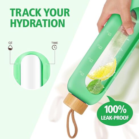 Glass Water Bottles 32 oz - Motivational Drinking Glass Water Bottle with Silicone Sleeve, Straw & 2 Bamboo Lids - 1 Liter Clear Borosilicate Wide Mouth Daily Intake Waterbottle with Time Marker in Saudi Arabia