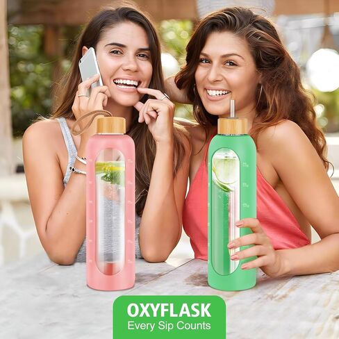Glass Water Bottles 32 oz - Motivational Drinking Glass Water Bottle with Silicone Sleeve, Straw & 2 Bamboo Lids - 1 Liter Clear Borosilicate Wide Mouth Daily Intake Waterbottle with Time Marker in Saudi Arabia