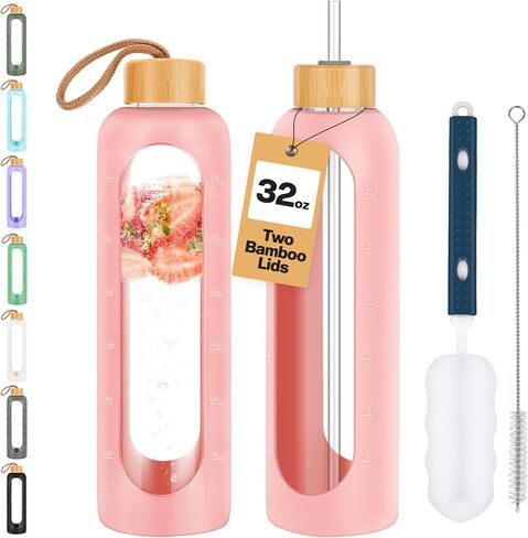 Glass Water Bottles 32 oz - Motivational Drinking Glass Water Bottle with Silicone Sleeve, Straw & 2 Bamboo Lids - 1 Liter Clear Borosilicate Wide Mouth Daily Intake Waterbottle with Time Marker in Saudi Arabia