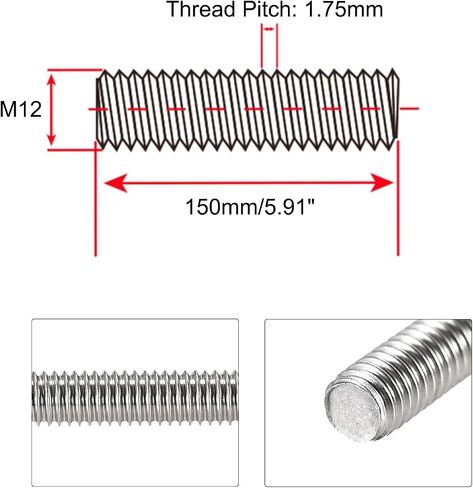 Fully Threaded Rod M12 x 200mm 1.75mm Thread Pitch, 5 Pack 304 Stainless Steel Right Hand Threaded Rods Bar Studs for Furniture Machinery Assembly in Kuwait