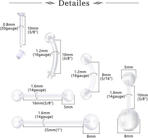 37PCS Clear Piercing Retainers For Work, Plastic Bioflex Nose Rings Studs Belly Rings Septum Eyebrow Lip Cartilage Tragus Earring Retainer Industrial Bar Piercing Jewelry in Kuwait