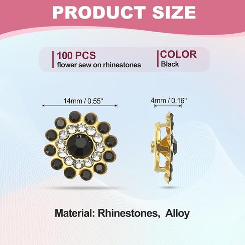 PATIKIL 100 Pcs Sew on Rhinestones, 14mm Flower Glass Rhinestones with Craft Gems Crystal Embellishments for Clothes Shoes Belt DIY Crafting Decoration, Black in Saudi Arabia