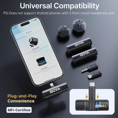 BOYA BOYALINK 2 A1 (1TX+3RX Adapter) Wireless Lavalier Microphone for iPhone Camera Android, Clip on Mic, 48 KHz 24 Bit, 6mm Mic, 1000ft, Noise Cancelling, Mini Lapel Mic USB-C/Lightning/3.5mm TRS in Kuwait
