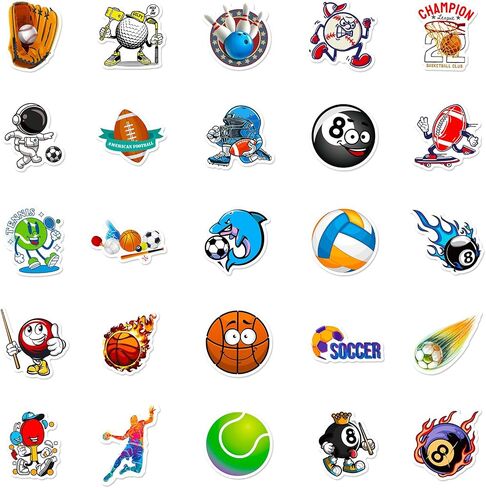 100 Pack Sports Stickers, Sports Football Soccer Baseball Basketball Party Favors, Sports Ball Stickers for Water Bottles Laptop, Birthday Decorations in Saudi Arabia