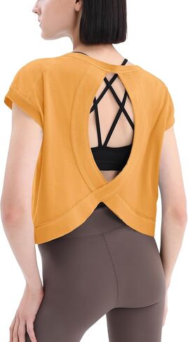 Loovoo Women's Open Back Workout Crop Tops Short Sleeve Yoga Shirts Cute Athletic Running Casual Backless Top Loose Fit in Kuwait