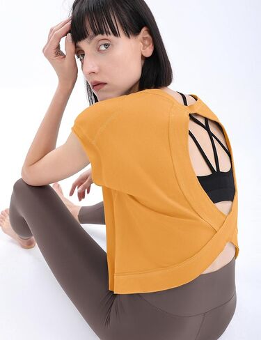 Loovoo Women's Open Back Workout Crop Tops Short Sleeve Yoga Shirts Cute Athletic Running Casual Backless Top Loose Fit in Kuwait