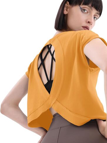 Loovoo Women's Open Back Workout Crop Tops Short Sleeve Yoga Shirts Cute Athletic Running Casual Backless Top Loose Fit in Kuwait