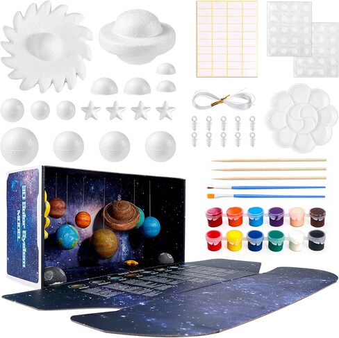 Pllieay Solar System Model Kit, Solar System Foam Ball Kit for Kids Science Project, Includes Small Light String, Foam Cylinder, Mixed Sized Foam Balls, Solar System Track Sticker and Bamboo Sticks in Kuwait
