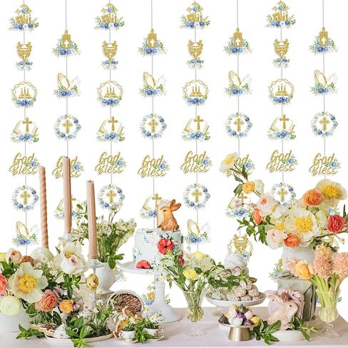 8 Pcs First Holy Communion Hanging Garland Banner for First Communion Decorations- God Bless Hanging Ceiling Decor Baptism Garland Streamers for Boys Girls Party Supplies (Green) in Kuwait