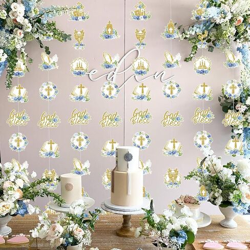 8 Pcs First Holy Communion Hanging Garland Banner for First Communion Decorations- God Bless Hanging Ceiling Decor Baptism Garland Streamers for Boys Girls Party Supplies (Green) in Kuwait