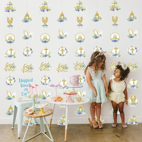 8 Pcs First Holy Communion Hanging Garland Banner for First Communion Decorations- God Bless Hanging Ceiling Decor Baptism Garland Streamers for Boys Girls Party Supplies (Green) in Kuwait