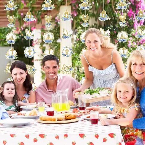 8 Pcs First Holy Communion Hanging Garland Banner for First Communion Decorations- God Bless Hanging Ceiling Decor Baptism Garland Streamers for Boys Girls Party Supplies (Green) in Kuwait