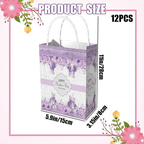 24 PCS حقائب هدايا الأم Happy Mother's Candy أكياس حلوى مع مقابض حقيبة ورقية تصميم الأزهار الأرجواني للنساء للنساء الذكرى السنوية لحفل أعياد عيد ميلاد الصندوق 3.1 × 5.9 × 11 بوصة in Saudi Arabia