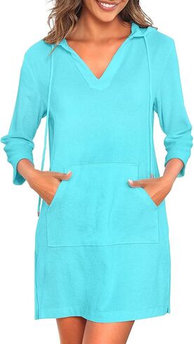 Pinup Fashion Women's Terry Cloth Swimsuit Cover Up Long Sleeve Beach Cover Up Hooded Swim Coverup with Pocket in Kuwait