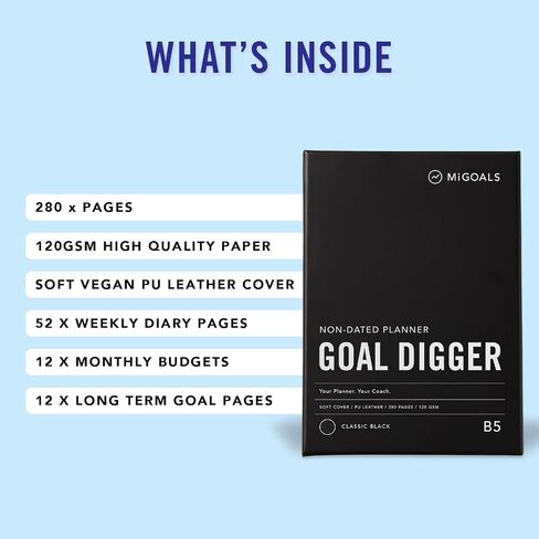 Mi Goals Undated 12 Month Goal Digger Weekly Planner - Reinforce Positive Habits, Practice Gratitude and Encourage Mindfulness - 280 Page Undated Planner and Journal, Black B5 (‎6.9 x 9.8 Inches) in Saudi Arabia