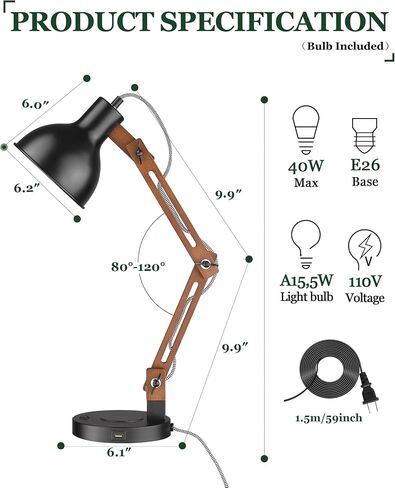 ELYONA White Desk Lamp with Wireless Charger, Solid Wood Table Lamp with USB C Charging Port, Swing Arm Reading Task Light with 5W LED Bulb for College Dorm, Office, Living Room, Bedroom, Farmhouse in Saudi Arabia