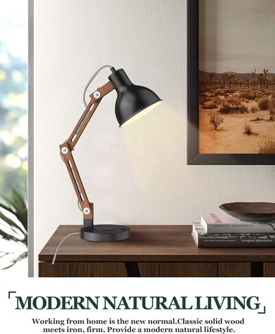 ELYONA White Desk Lamp with Wireless Charger, Solid Wood Table Lamp with USB C Charging Port, Swing Arm Reading Task Light with 5W LED Bulb for College Dorm, Office, Living Room, Bedroom, Farmhouse in Saudi Arabia