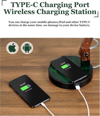 ELYONA White Desk Lamp with Wireless Charger, Solid Wood Table Lamp with USB C Charging Port, Swing Arm Reading Task Light with 5W LED Bulb for College Dorm, Office, Living Room, Bedroom, Farmhouse in Saudi Arabia